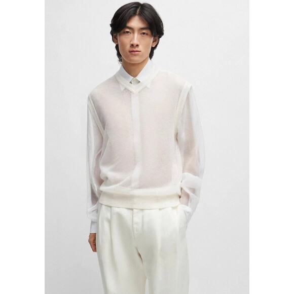 NWT BOSS Lucid White Mohair-Wool V-Neck Sweater Vest Size Medium Sheer Knit - Picture 1 of 16